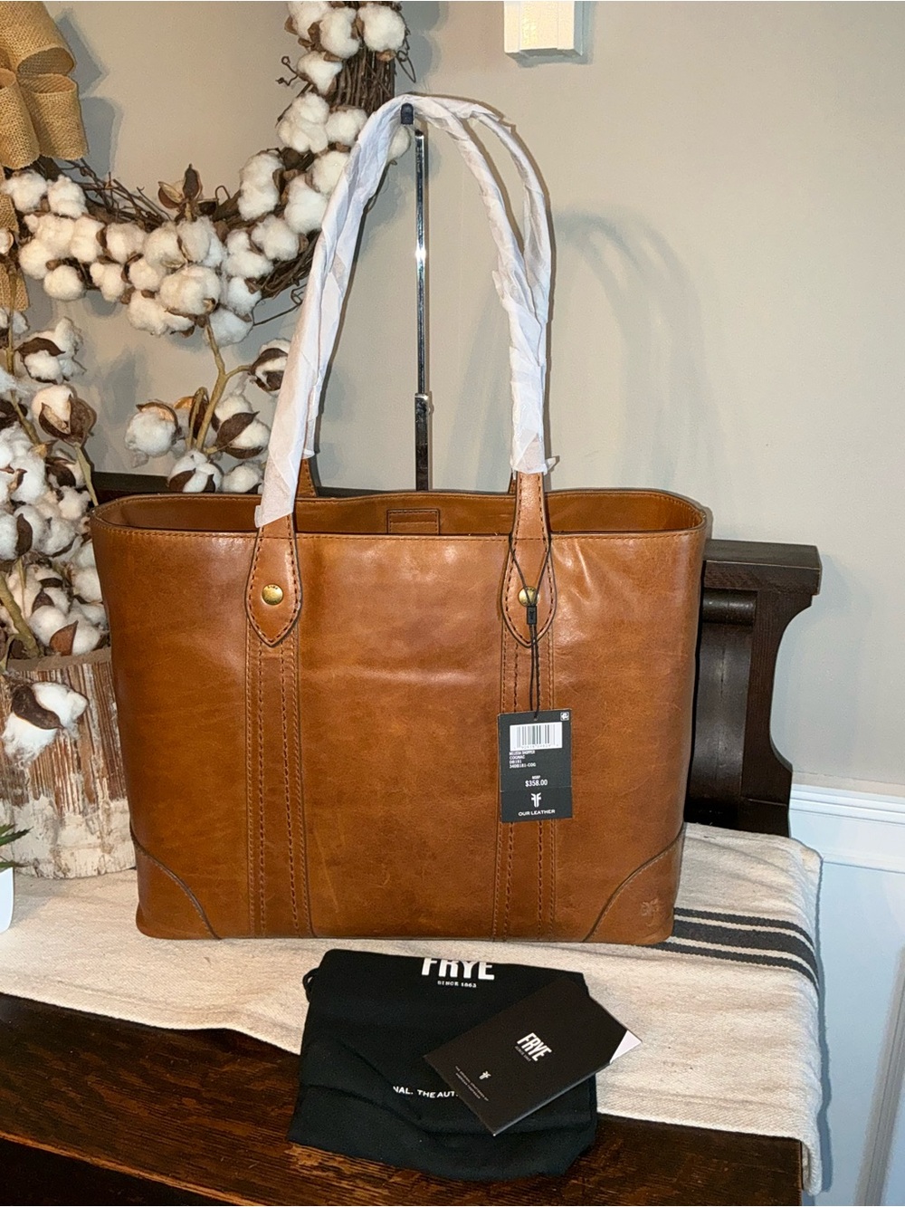 NWT Frye Melissa Leather Shopper Tote Shoulder Bag Cognac Brown Retail  $358
